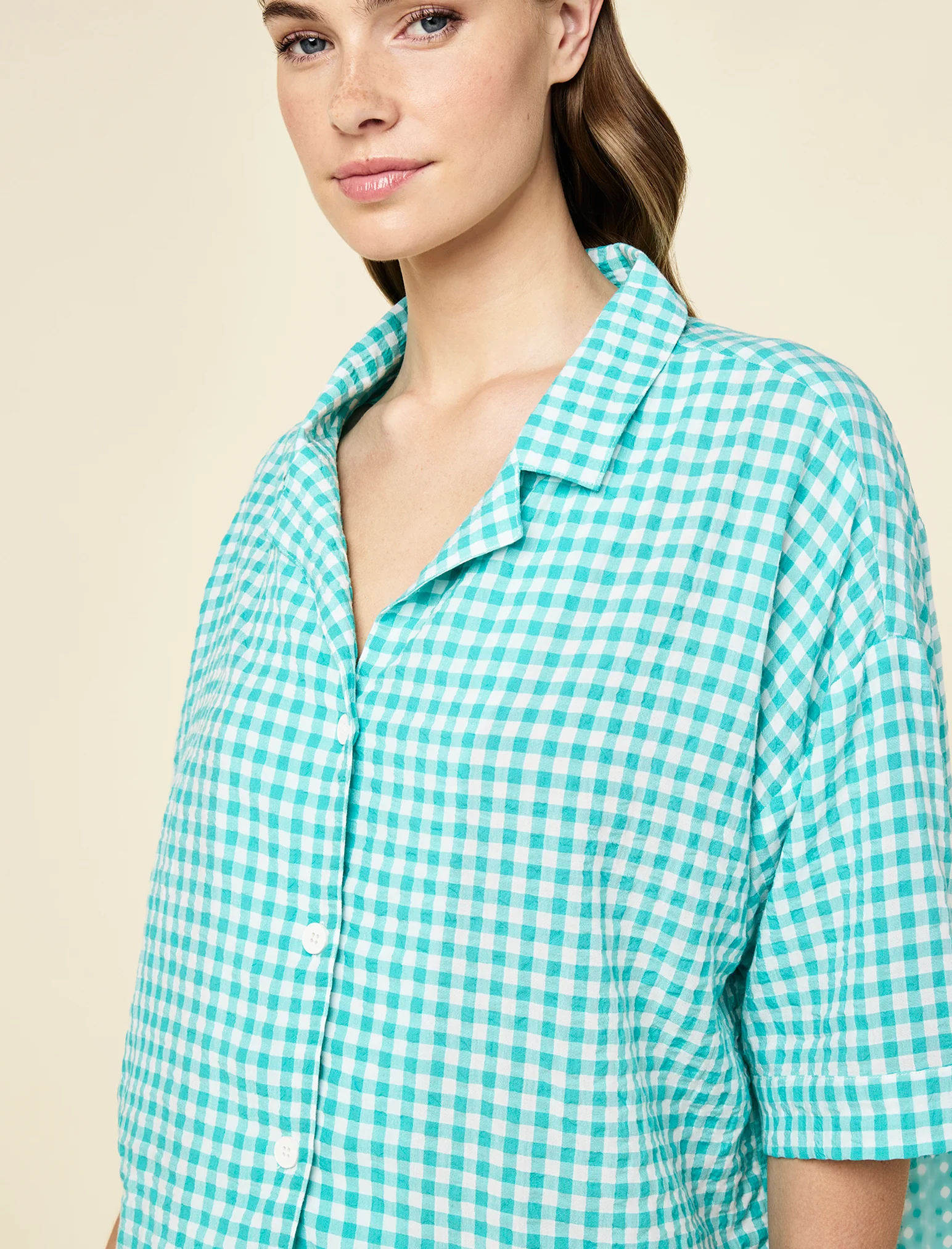 Seersucker Gingham Short Sleeve Shirt and Full Length Pant PJ Set - Image 5