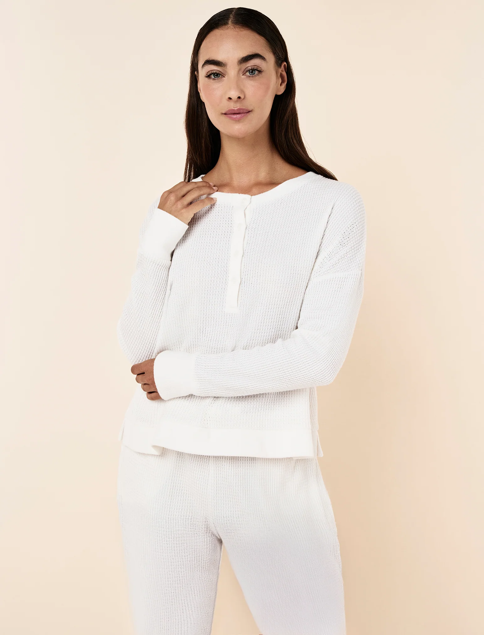 Super Soft Waffle Long Sleeve Henley Top PJ Set - Image 2